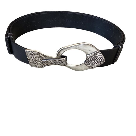 Chico's Black Leather Adjustable Belt Silver Engraved Hook Buckle M/L #281B - Picture 1 of 14